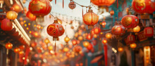A Street Scene With Many Orange Lanterns Hanging From The Ceiling
