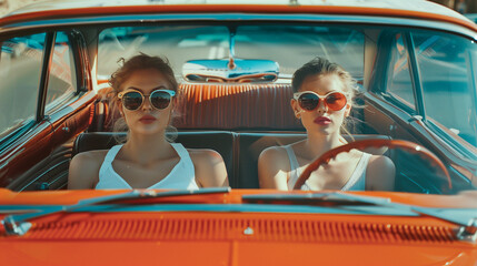 Two women are in a car. The car is orange and has a vintage feel to it