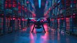Drone in the warehouse, autonomous delivery robot is flying in storehouse shipping