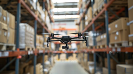 Wall Mural - Drone in the warehouse, autonomous delivery robot is flying in storehouse shipping