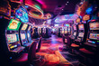 Slot machines in casino. Brightly apparatus for gambling. Generative AI