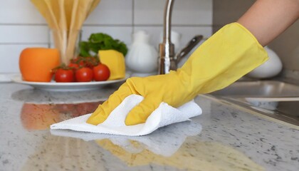 woman's hand in a yellow protective glove wipes the kitchen counter with a white cloth