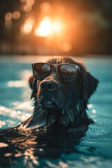 Wall Mural - Cute funny dog wearing sunglasses and floating in a swimming pool. Happy pet swim in ocean or sea, play in the water. Travel, summer vacation, holiday concept. Creative card or banner with copy space