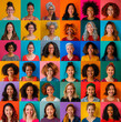 Composite portrait, of head shots of different smiling women of all genders and ages, different backgrounds including all ethnic, racial and geographic types of women in the world, on a colorful flat 