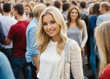 Fototapeta  - Cute young blonde woman standing in crowd of people
