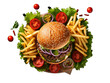beef bruger with fries isolated on transparent background, transparency image, removed background