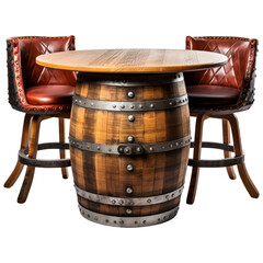 Bar Furniture. Vintage old wooden wine barrel used as a bar table with two barstools. Isolated with clipping path.