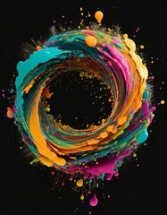 Wall Mural - Abstract circle liquid motion flow explosion. Curved wave colorful pattern with paint drops on black background 