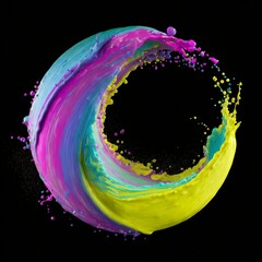 Wall Mural - Abstract circle liquid motion flow explosion. Curved wave colorful pattern with paint drops on black background 