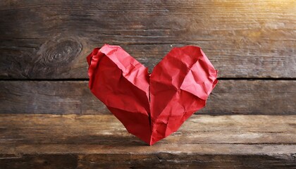 Crumpled paper heart on wooden table background