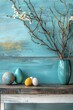Blue Vase With White Flowers and Eggs