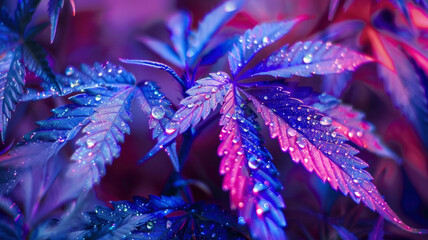 Wall Mural - Purple blue leaves closeup of cannabis weed with neon glitter