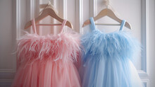 Beautiful Dressy Lush Pink And Blue Dresses For Girls On Hangers At The Background Of White Wall.. Generative Ai 