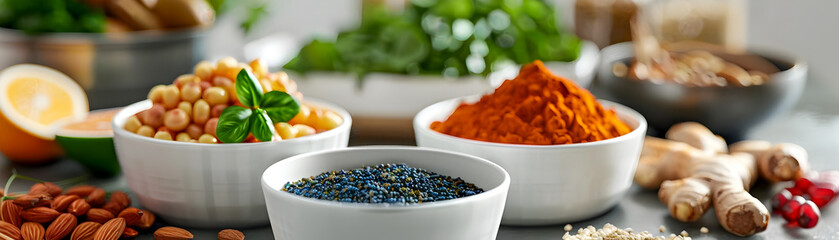 A variety of spices and nuts are displayed in white bowls on a counter