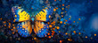 A colorful butterfly with yellow blue wings  surrounded by splatters of paint.