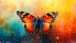 A colorful butterfly with orange wings  surrounded by splatters of paint.