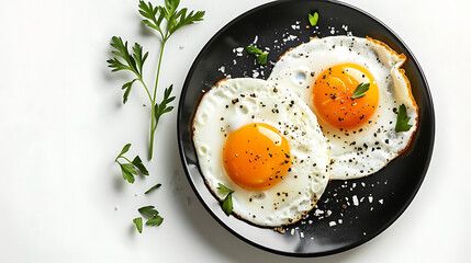 Fried eggs with parsley on a black plate on a white background