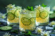 A refreshing cucumber and elderflower gin fizz, garnished with delicate cucumber ribbons and fragrant elderflower blossoms, offers a light and invigorating escape on a warm summer