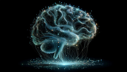 Wall Mural - Abstract human brain neural network by colorful light particles flowing isolated on black background in concept A.I. artificial intelligence, science, technology, machine learning, neuroscience.