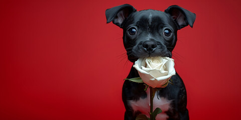 Wall Mural - Dog holding a flower in his teeth on red background. Spring greeting card or banner for Valentine's, Women's and Mother's day, birthday, wedding. Template with copy space