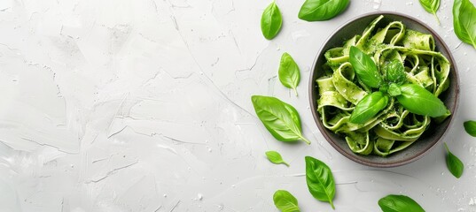 Wall Mural - Serving of tagliatelle pasta with pesto and parmesan on plate in modern restaurant setting
