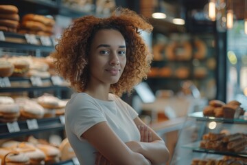 Portrait of confident young supermarket clerk standing At counter. Grocery store. Business. shopping concept