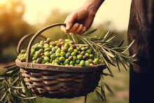 A Person Holds A Wicker Basket Brimming With Fresh Green Olives And Olive Branches In A Sunlit Grove.