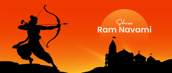 Shree Ram Navami, vector Illustration, the silhouette of Lord Ram bow arrow and Ayodhya Ram temple background, Social media post, Poster, and, Banner design template. 
