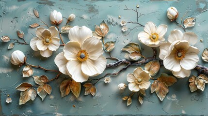 Wall Mural - Oil textured 3d painting of spring flowers on canvas. Beautiful abstract white and beige flowers. Macro impasto painting.	
