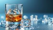 Whiskey glass with ice cubes on plain background, providing ample space for creative text placement