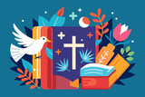 Fototapeta Londyn - Holy bible with cross dove fish illustration 