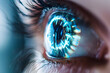Closeup of a human eye with virtual hologram elements for surveillance and digital ID verification or vision laser correction