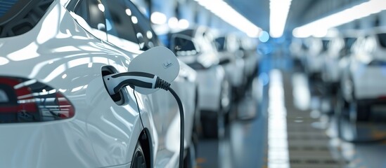 Wall Mural - electric vehicles charging in an auto plant, symbolizing the shift to clean energy transportation.