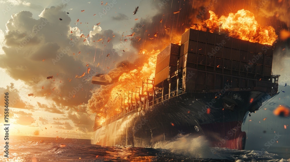maritime emergency with a cargo ship explosion, showcasing the intense ...