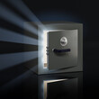 © Andreas Prott - A slightly open safe with a permutation lock in a dark environment. Light spilling out of the safe in the form of god rays. Surprise concept. 3d render