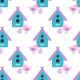 Fototapeta Dinusie - seamless pattern with birdhouse and easter eggs