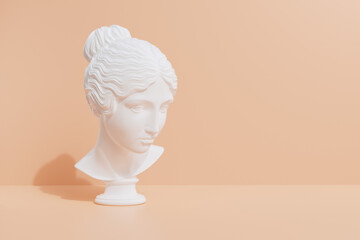 Marble head woman sculpture in empty studio room, ancient Greek statue goddess face bust 3d rendering