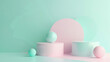 Minimalistic pastel composition with geometric shapes, featuring spheres and cylinders in a soft, harmonious color palette.