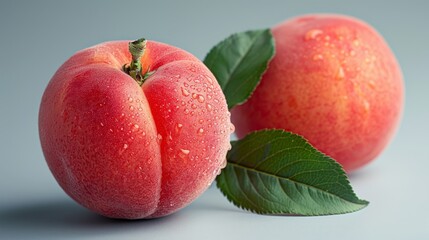 Wall Mural - Fresh ripe nectarines with water droplets on grey backdrop. Juicy red nectarines with vibrant green leaves, dew freshness. Healthy fresh nectarine fruit, detailed texture close-up shot.