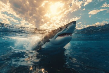 A shark is swimming in the ocean with its mouth open