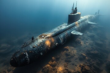 Poster - A large submarine is sitting on the ocean floor