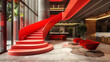 Designing a futuristic staircase in vibrant red hues, seamlessly blending with the lobby's modern aesthetic.