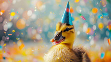 Happy Cute Animal Friendly Duck Wearing A Party Hat Celebrating At A Fancy Newyear Or Birthday Party Festive Celebration Greeting With Bokeh Light. Generative Ai
