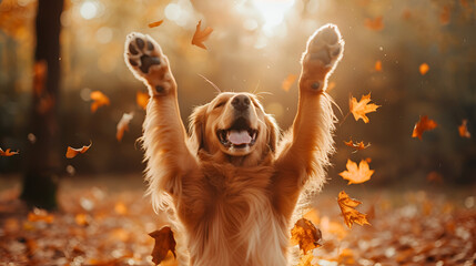 Wall Mural - Happy golden retriever dog on Autumn nature background, generative ai