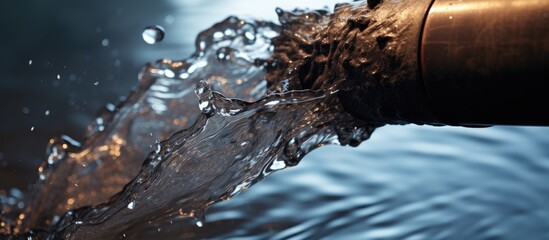 Wall Mural - Water is flowing from a pipe into a body of water, creating ripples in the liquid. The scene resembles a peaceful landscape painting