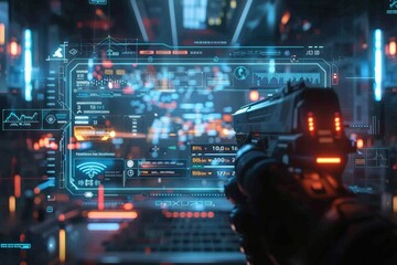 Wall Mural - A man is holding a gun in a futuristic city