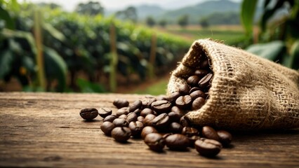 Wall Mural - Farm Fresh Coffee Beans Harvest with Blurry Crop Farm Backdrop