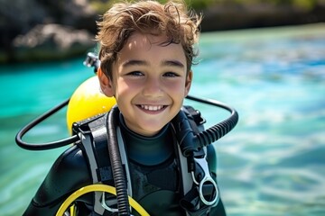 Wall Mural - Child at diving lessons. Background with selective focus and copy space