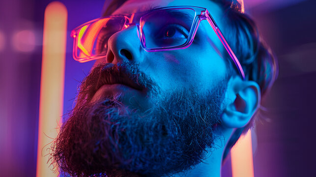 Model young man with beard in glasses of virtual reality. Augmented reality, science, future technology. generative ai 