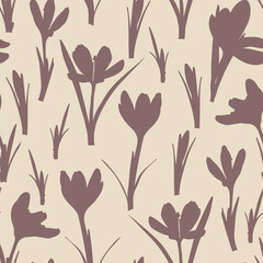 Wall Mural - Crocus flowers seamless background. Seamless pattern with line crocuses. Saffron field. Seamless pattern with line crocuses.